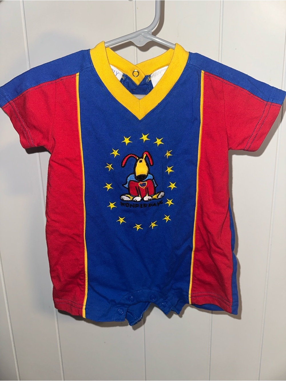 Vintage Y2K Simply Basic Wonderdawg Baby Romper 3-6M Embroidered Colorblock